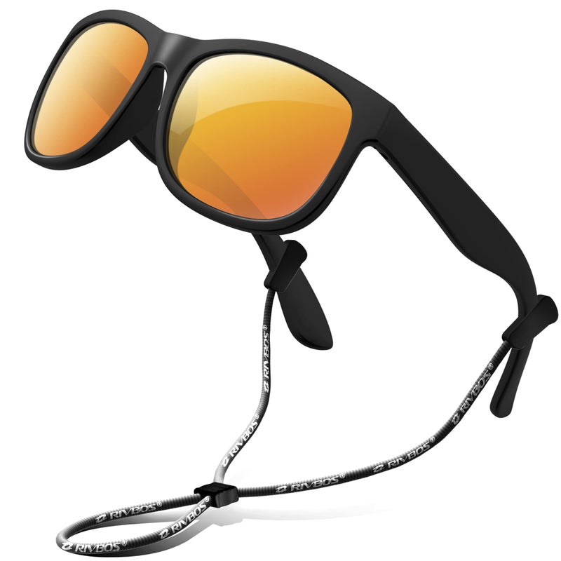 RIVBOS Kids Sunglasses Boys with Strap Polarized Rubber Flexible Shades for Toddler and Children Age 3-10 RBK023-1 Black Coating Lens - Image 1